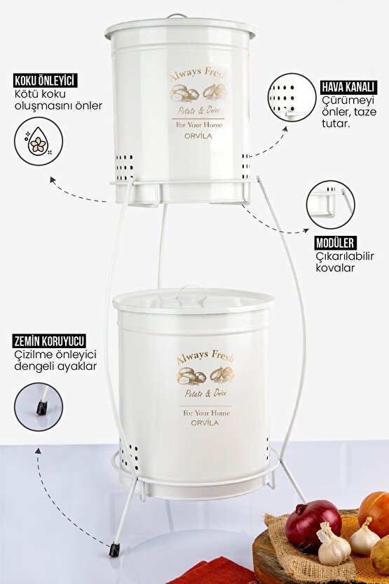 2 Katlı Metal Patates Soğanlık Kovası Çeyizlik Sebzelik Saklama Kabı - Beyaz