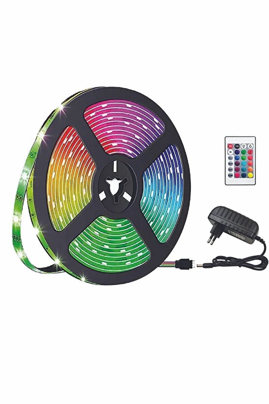 Led 5 Mt Renkli Kumandalı Adaptörlü Çift Taraflı Bant Tak Çalıştır Rgb 20 Fonksyonlu Şerit