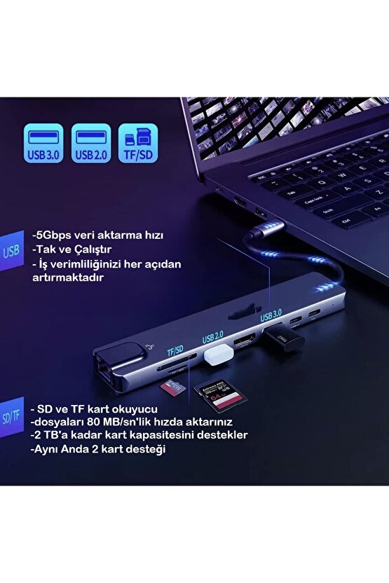 MacBook Pro Air Uyumlu USB Type-C 8in1 Hub Dönüştürücü Çoklayıcı HDMI USB Micro SD Girişli