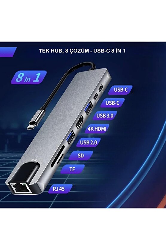 MacBook Pro Air Uyumlu USB Type-C 8in1 Hub Dönüştürücü Çoklayıcı HDMI USB Micro SD Girişli