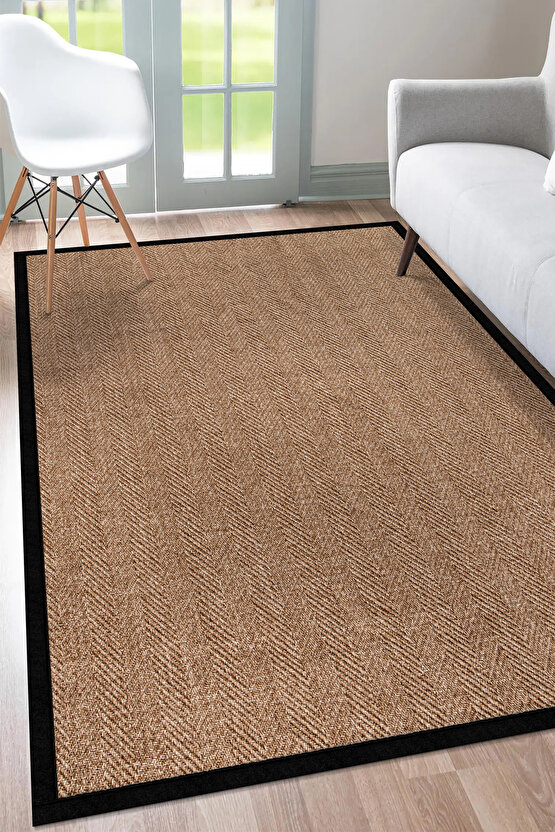 0503-Siyah Kumaş Bordür Sisal Halı Kilim Hav Toz Vermez Kolay Temizlenen Hasır Kilim