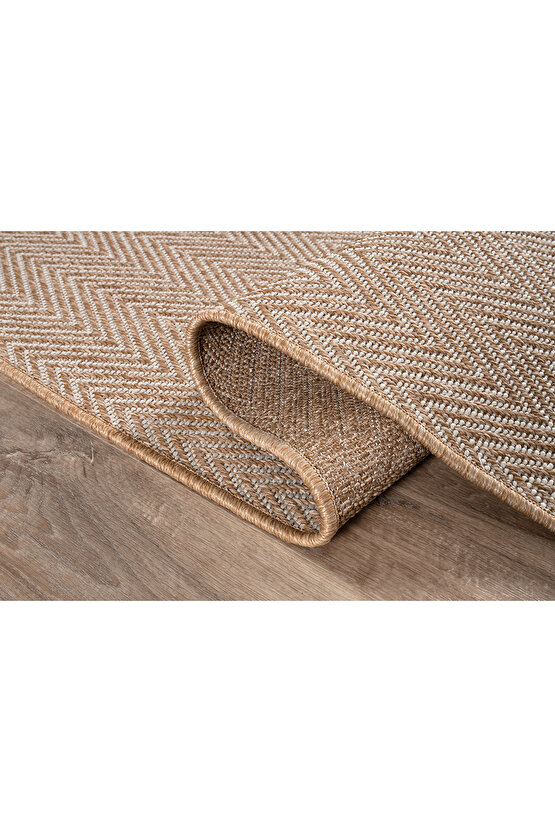 Srz-0408 Beyaz Kahve Balık Sırtı Jüt Tabanlı Hasır Dokuma Örme Bohem Antialerjik Halı Kilim