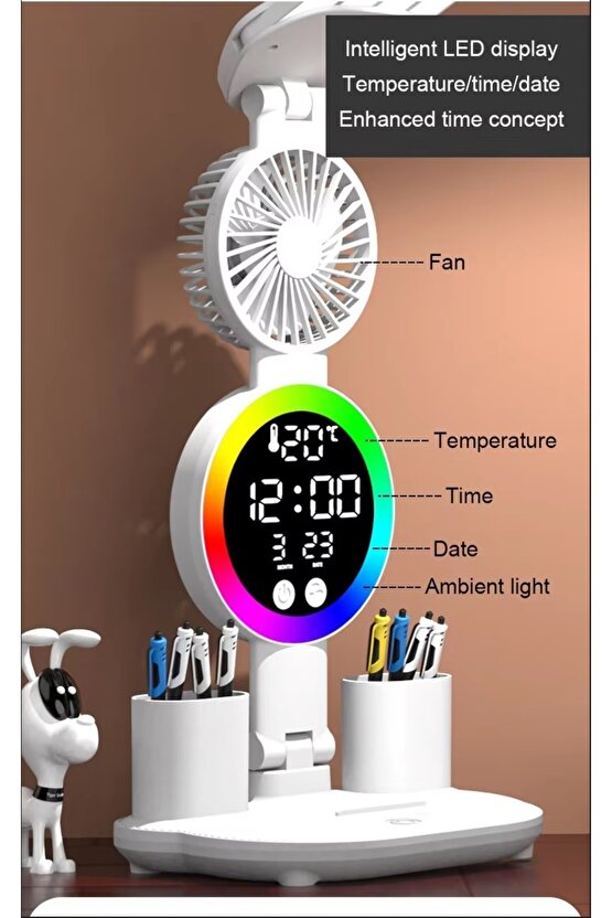 ÇOK FONKSİYOKLU MASA LAMBASI RGB LED IŞIKLI SAAT TAKVİM DERECE VANTİLATÖR KALEMLİK