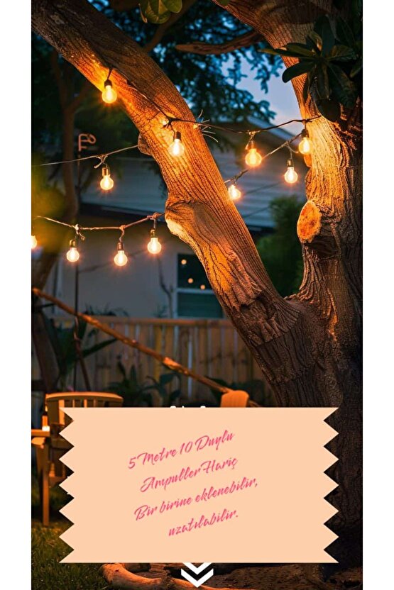 5 Metre 10 Duylu Eklenebilir Sıralı Bahçe, Kafe, Teras, Balkon Armatürü IP64 İç Dış Mekan (Ampulsüz)