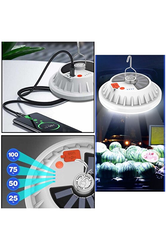 Güneş Enerjili, 80 Watt, Kumandalı, 5 Işık Modlu, 6500K, Powerbank Özellikli Fonksiyonlu Kamp Feneri
