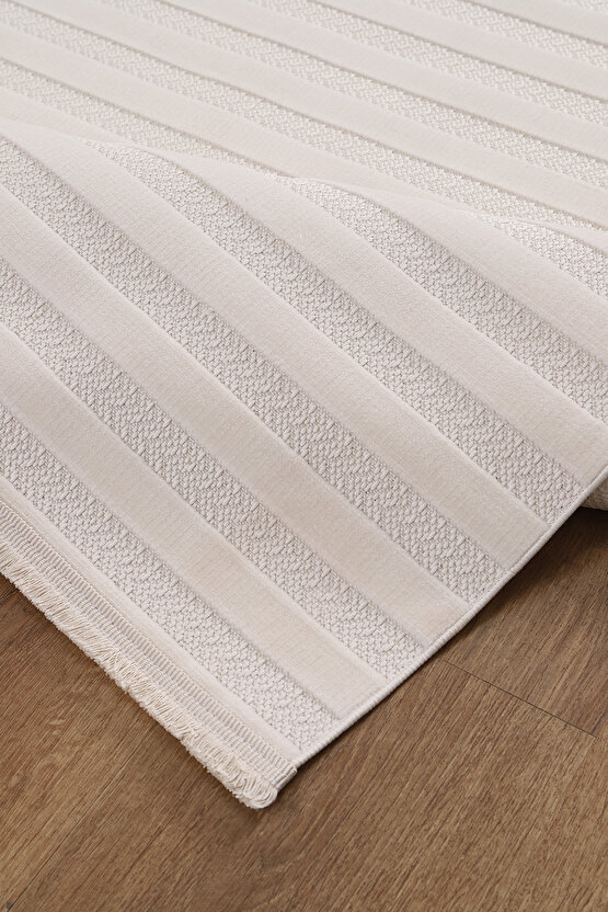 Kadife Bambu Dokuma Modern Kaymaz Salon Halısı Mutfak Halısı Koridor Halısı Yolluk Çizgi Beyaz