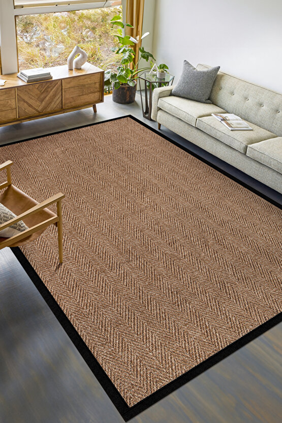0503-Siyah Kumaş Bordür Sisal Halı Kilim Hav Toz Vermez Kolay Temizlenen Hasır Kilim