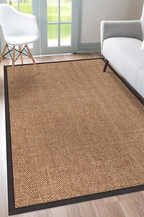 0503-Antrasit Kumaş Bordür Sisal Halı Kilim Hav Toz Vermez Kolay Temizlenen Hasır Kilim