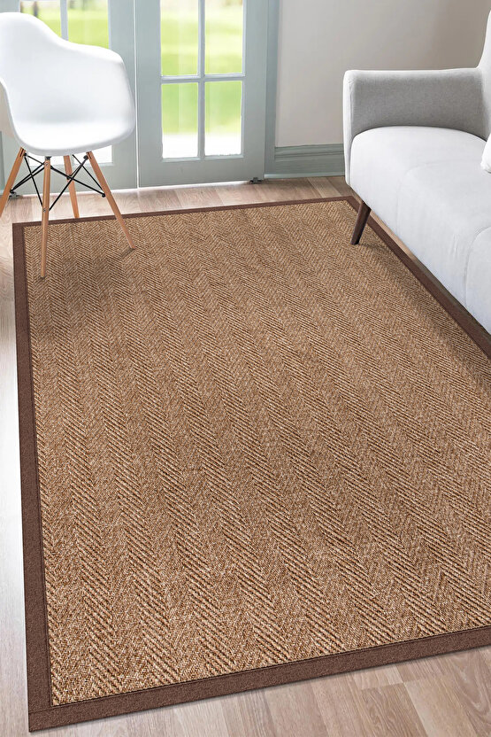 0503-Kahve Kumaş Bordür Sisal Halı Kilim Hav Toz Vermez Kolay Temizlenen Hasır Kilim