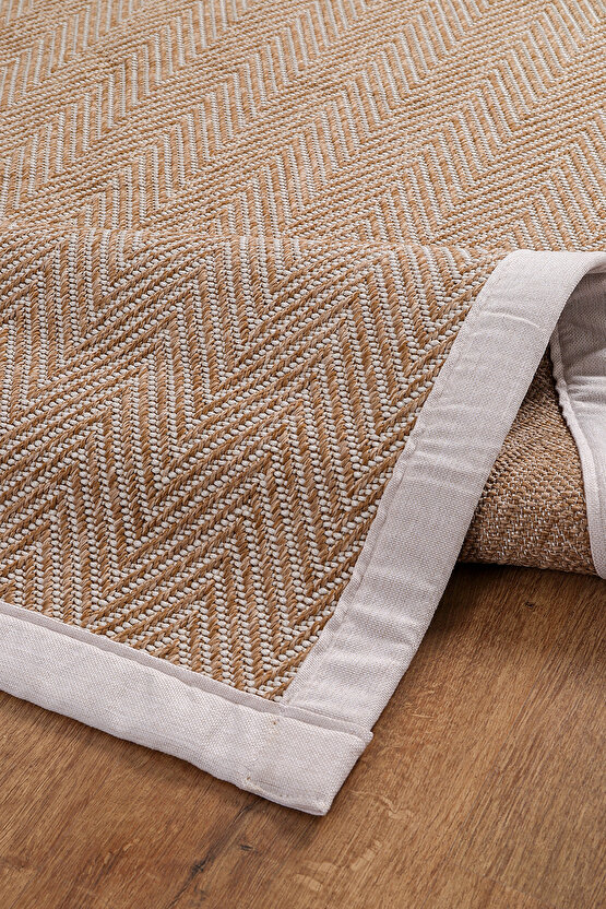 0408-Krem Kumaş Bordür Sisal Halı Kilim Hav Toz Vermez Kolay Temizlenen Hasır Kilim