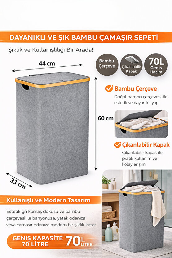 70 L Bambu Çerçeveli Kapaklı Çamaşır Sepeti – Gri Kumaş, 44x33x60 cm