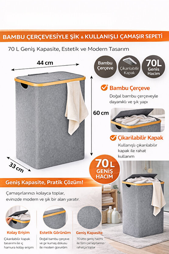 70 L Bambu Çerçeveli Kapaklı Çamaşır Sepeti – Gri Kumaş, 44x33x60 cm