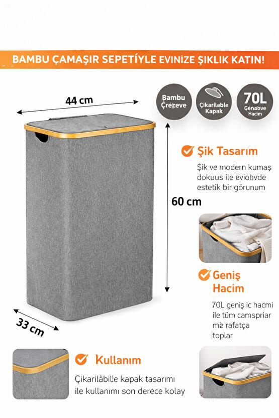 70 L Bambu Çerçeveli Kapaklı Çamaşır Sepeti – Gri Kumaş, 44x33x60 cm