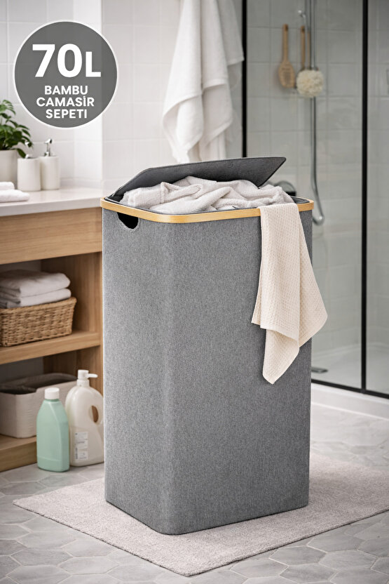 70 L Bambu Çerçeveli Kapaklı Çamaşır Sepeti – Gri Kumaş, 44x33x60 cm