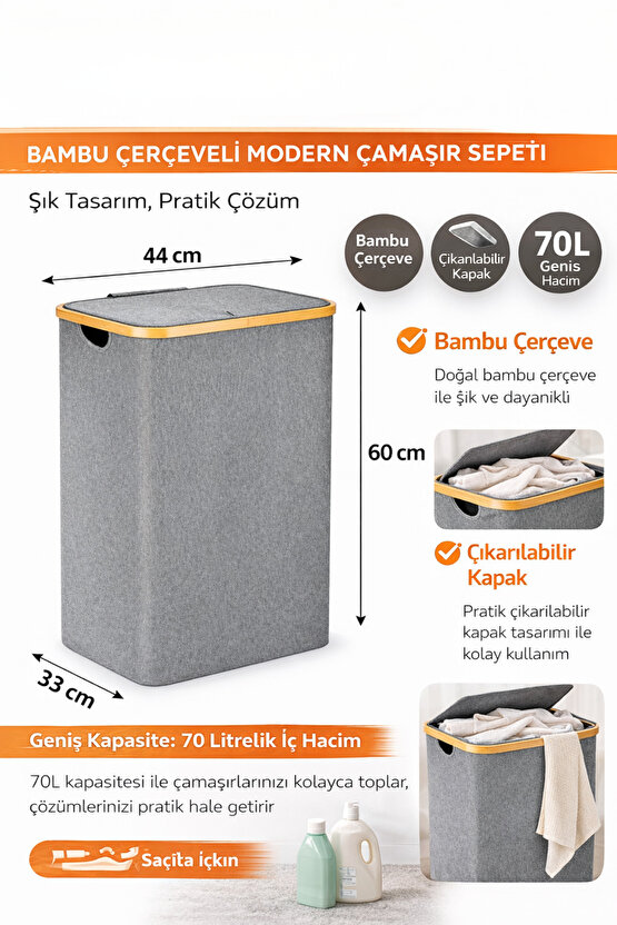 70 L Bambu Çerçeveli Kapaklı Çamaşır Sepeti – Gri Kumaş, 44x33x60 cm