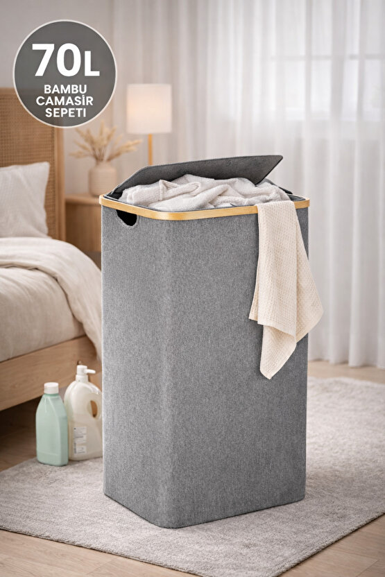 70 L Bambu Çerçeveli Kapaklı Çamaşır Sepeti – Gri Kumaş, 44x33x60 cm