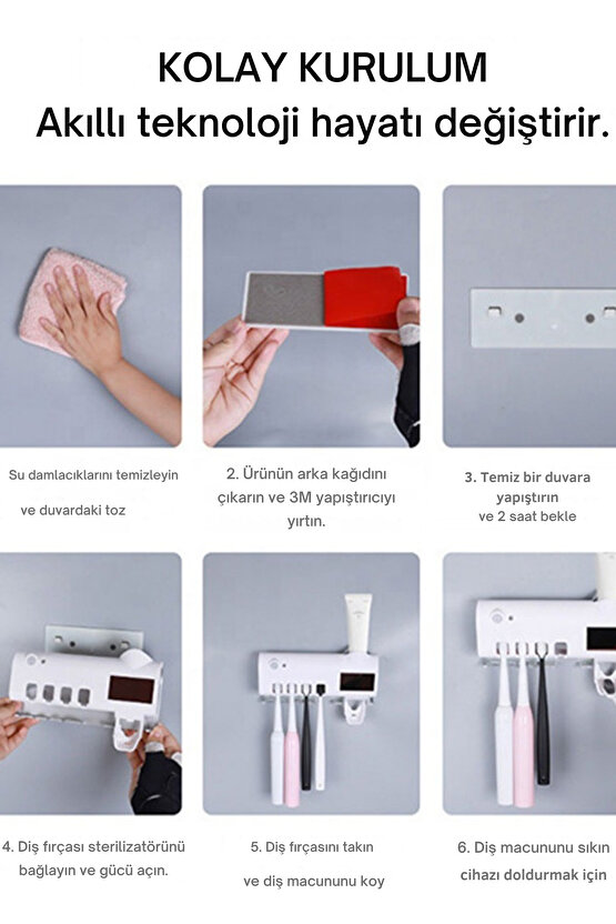 Duvara Monte Otomatik Diş Macunu Sıkıcı + 4’lü Diş Fırçalık Seti – Temassız Hijyenik Dağıtıcı