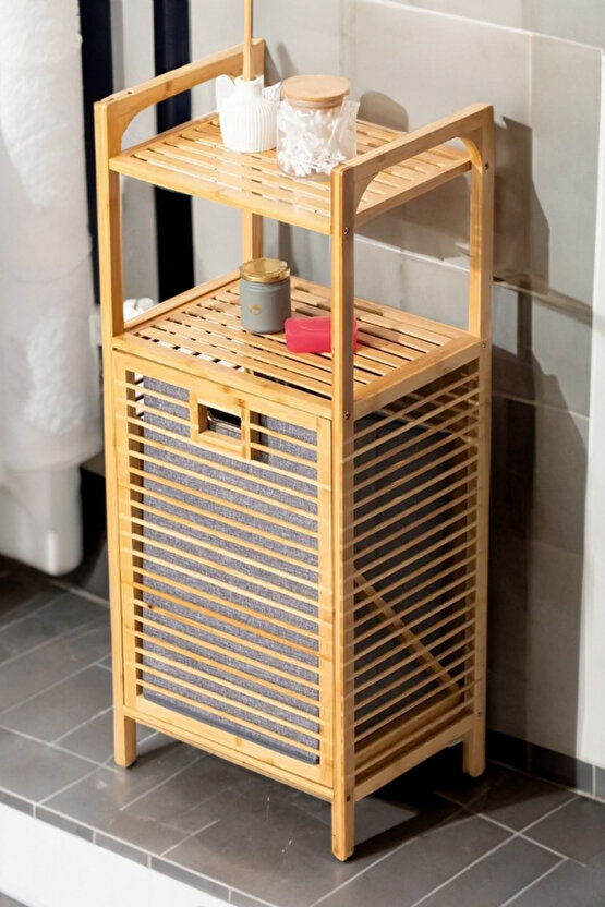 Bambu Çamaşır Sepeti Raflı & Kirli Sepeti İç Bölmeli 40x30x95 cm