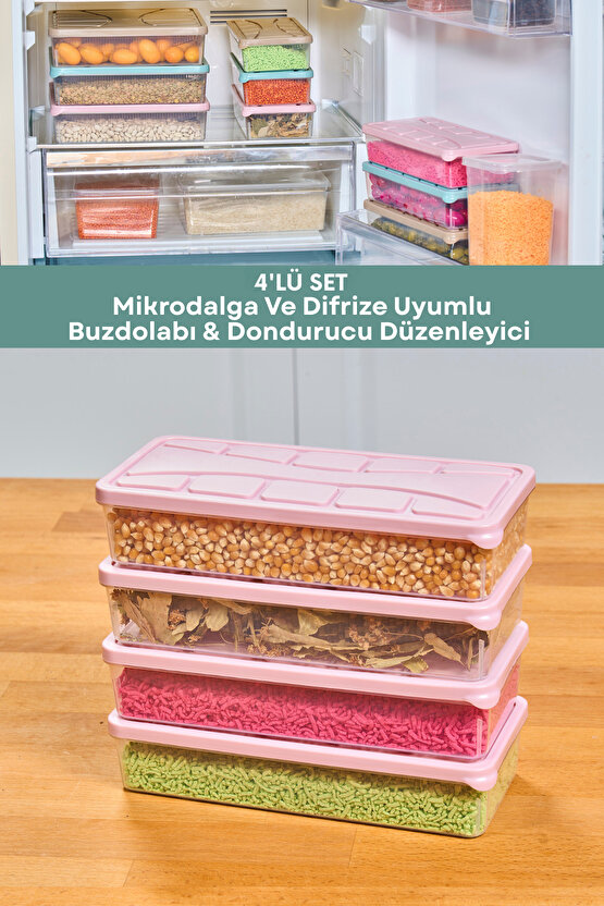 4 Adet 8 Parça Mikrodalga ve Difrize Uygun Saklama Kabı 1x1100 ml Dondurucu Düzenleyici Fresh Box