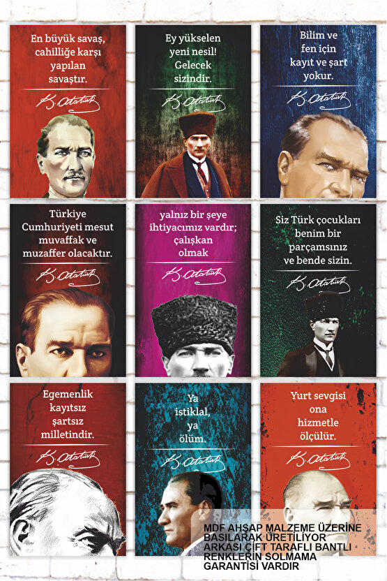 9 parça yazılı Atatürk Sözleri tablo seti mdf ahşap posterler