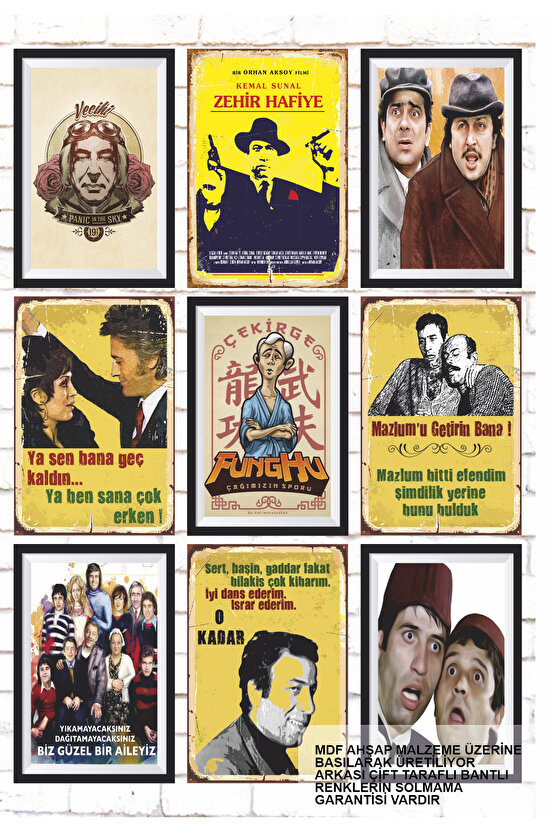 9 Parça Karışık Yazılı Ahşap Tablo Seti türk sineması yeşilçam filmler replikler posterleri
