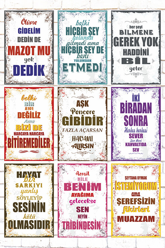 9 Parça Karışık Yazılı Ahşap Tablo Seti komik esprili atarlı sözler