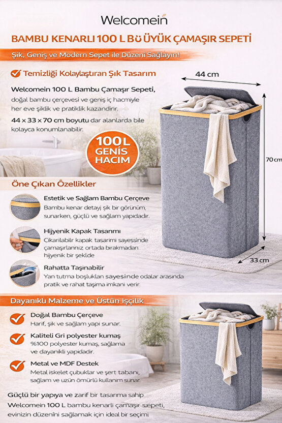 100 L Bambu Kenarlı Kapaklı Çamaşır Sepeti – Gri Kumaş, 44x33x70 cm Büyük Kirli Sepeti