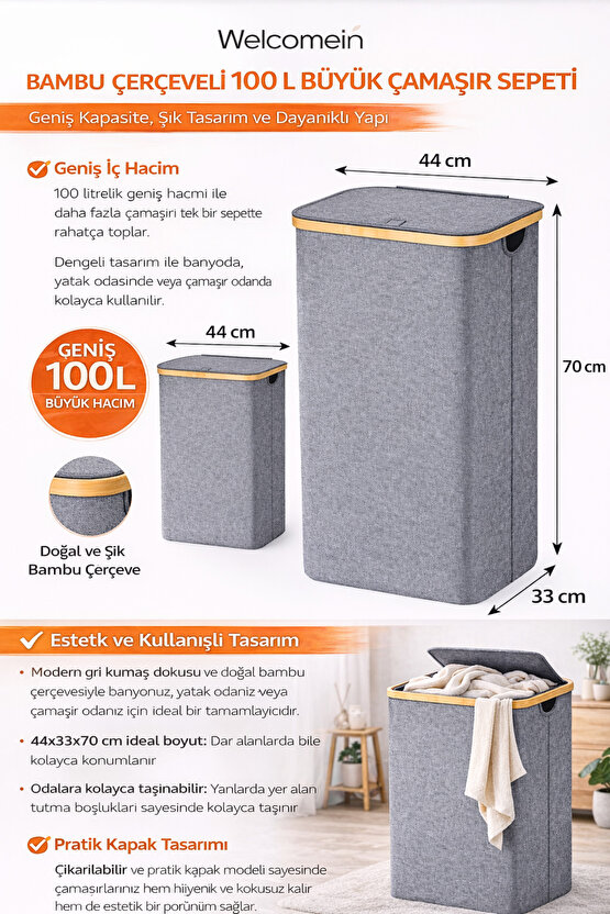 100 L Bambu Kenarlı Kapaklı Çamaşır Sepeti – Gri Kumaş, 44x33x70 cm Büyük Kirli Sepeti