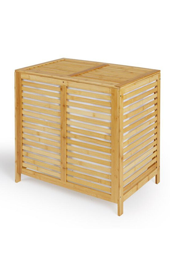 Bambu Kapaklı 105 Lt Çamaşır Sepeti Çok Amaçlı Depolama Dolabı Havalandırmalı Dekoratif Kirli Sepeti