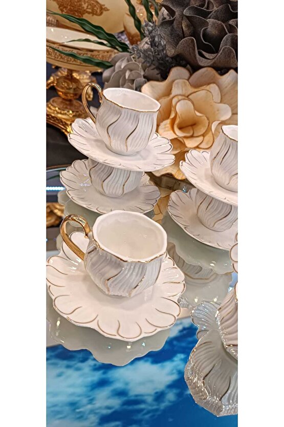 WHİTE PORSELEN GOLD KULPLU KAHVE FİNCAN TAKIMI