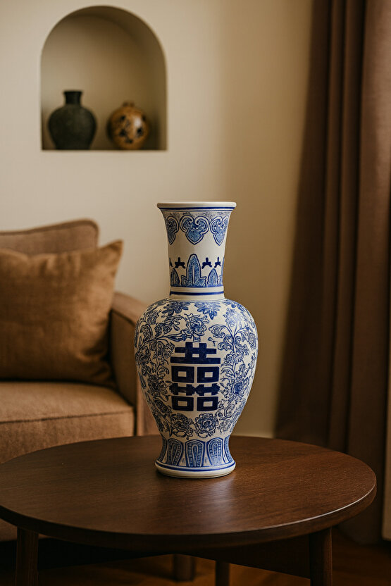 Çin Desenli Porselen Vazo – Mavi Beyaz Dekoratif Obje 30 cm