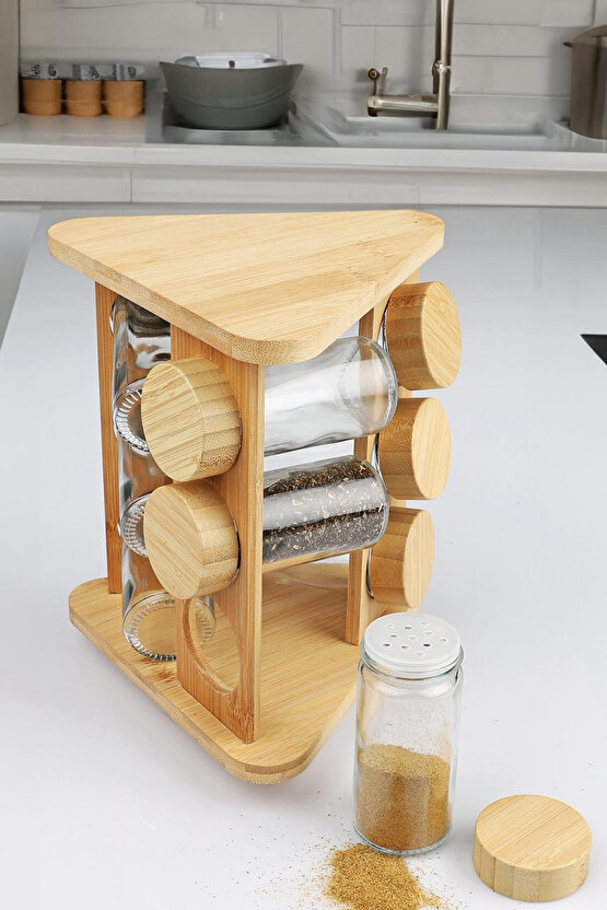 Bambulu Döner Standlı 9lu Cam Baharatlık Seti – Kapaklı Düzenleyici