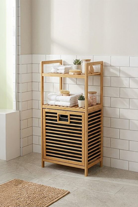 Bambu Dikey Çamaşır Sepeti Raflı Çamaşır Sepeti 40x30x95 Cm