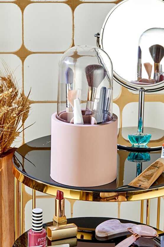 Bölmeli Pembe Makyaj Organizeri - Daisy Şeffaf Kapaklı Büyük Fırça Organizeri
