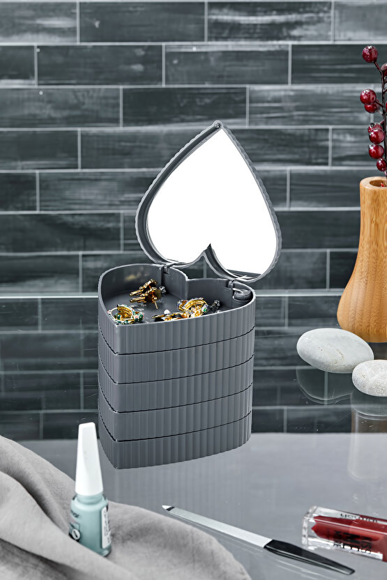 Çizgili Desenli Kalpli Mina 5 Katlı Aynalı Takı Organizeri Gri Renk - Aynalı Takı Organizeri