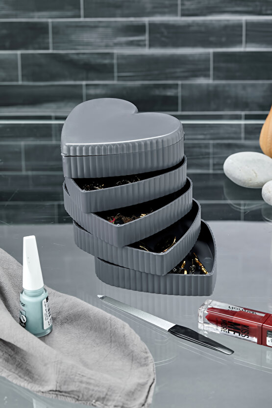 Çizgili Desenli Kalpli Mina 5 Katlı Aynalı Takı Organizeri Gri Renk - Aynalı Takı Organizeri