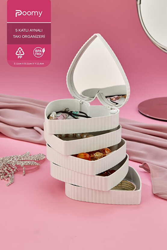 Çizgili Desenli Kalpli Mina 5 Katlı Aynalı Takı Organizeri Beyaz Renk - Aynalı Takı Organizeri