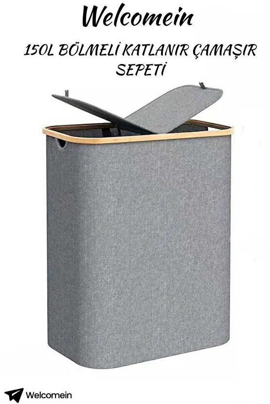 150 Litre Bambu Kapaklı Katlanabilir Çamaşır Sepeti | Geniş Hacimli, 2 Bölmeli Kirli Sepeti