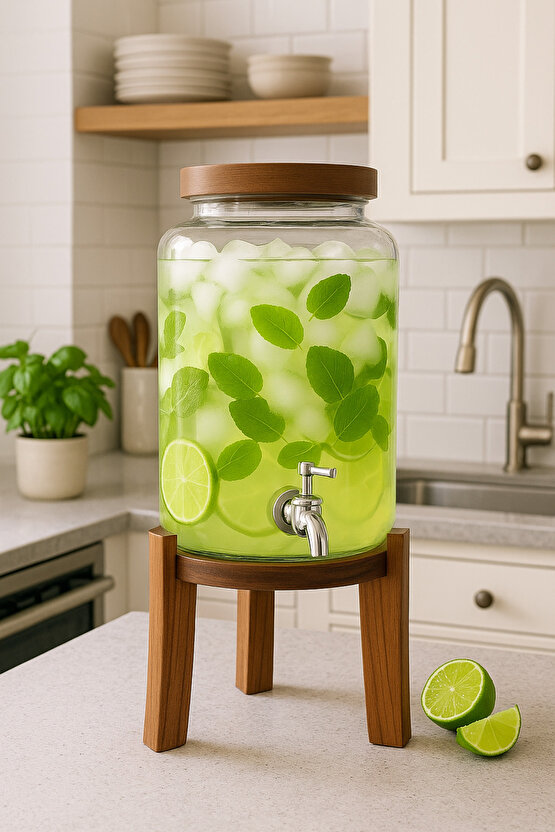 Akasya Standlı Cam Sebil 5L Musluklu Soğuk İçecek Dispenseri Limonata, Detoks Suyu, Meyve Aromaları