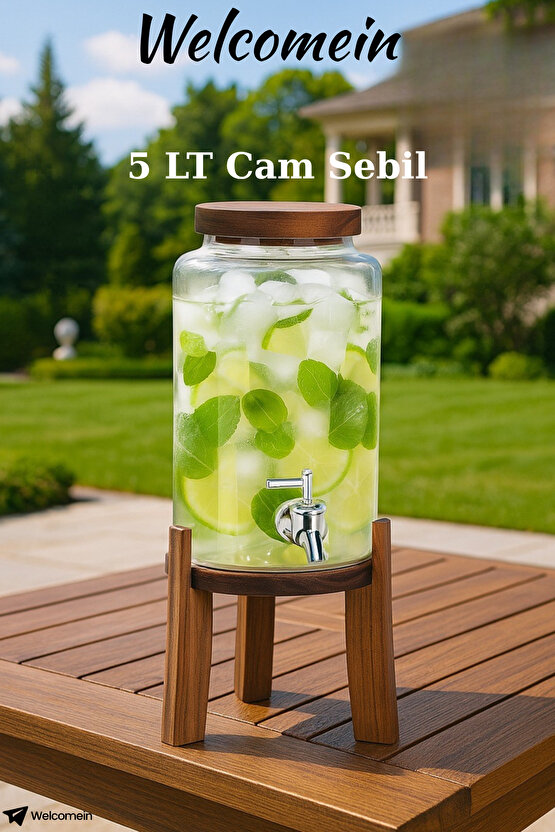 Akasya Standlı Cam Sebil 5L Musluklu Soğuk İçecek Dispenseri Limonata, Detoks Suyu, Meyve Aromaları