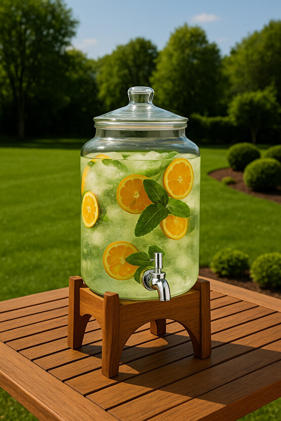 3 Litre Cam Sebil Musluklu İçecek Dispenseri Akasya Standlı Limonata & Soğuk İçecek Sürahi