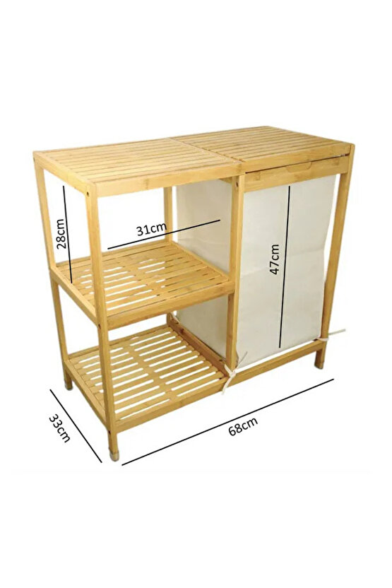 Bambu 3 Raflı Kirli Çamaşır Sepeti | Kapaklı & Kumaş Torbalı Doğal Ahşap Banyo Düzenleyici