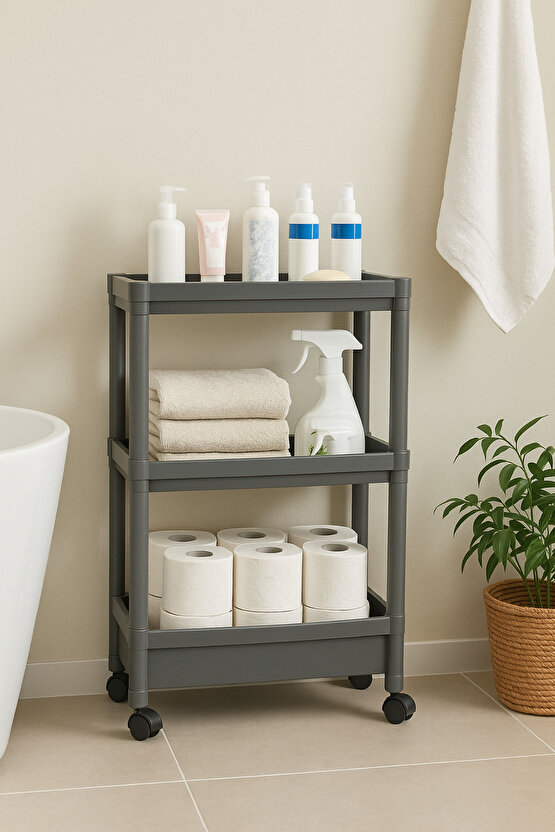 Slim 3 Katlı Tekerlekli Banyo Organizeri - Gri Plastik Raf Düzenleyici