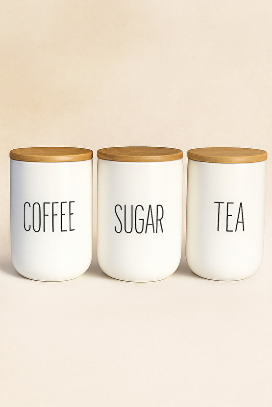 3’lü Seramik Bambu Kapaklı Beyaz Kavanoz Seti 1000 ML – Coffee  Sugar  Tea – Bambu Kapaklı