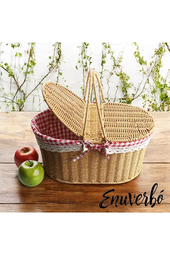 Beyaz Rattan Hasır - Oval Piknik Sepeti 39cm