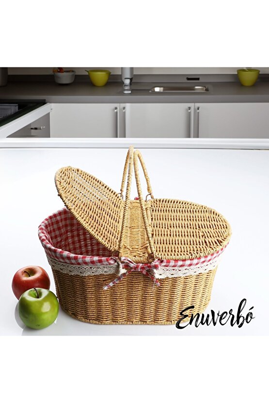 Beyaz Rattan Hasır - Oval Piknik Sepeti 39cm