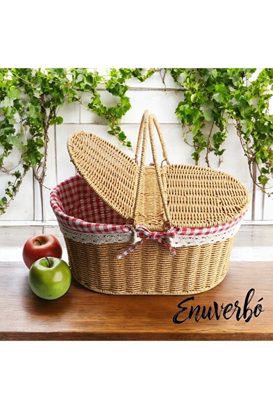 Beyaz Rattan Hasır - Oval Piknik Sepeti 39cm