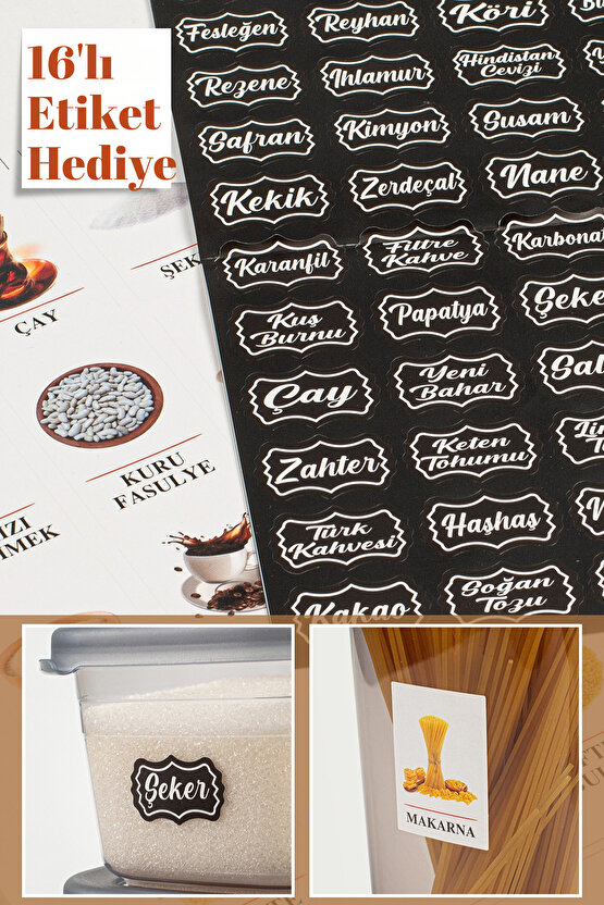 9lu Etiketli Saklama Kabı Gıda Erzak Bakliyat Saklama Kabı Çeyiz Seti - 1,2 Lt Şeffaf