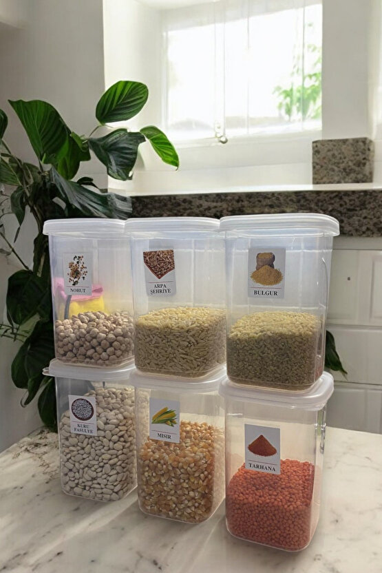 6lı Etiketli Saklama Kabı Gıda Erzak Bakliyat Saklama Kabı Çeyiz Seti - 1,2 Lt Şeffaf