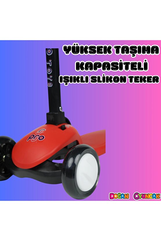 Lupa Katlanabilir Işıklı 3 Tekerlekli Kırmızı Scooter - Işıklı Scooter - Slikon Teker Scooter - Çocu